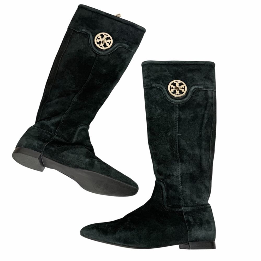 TORY BURCH BLACK SUEDE KNEE LENGTH FLAT BOOTS ZIPPER & GOLD LOGO MEDALLION 7.5